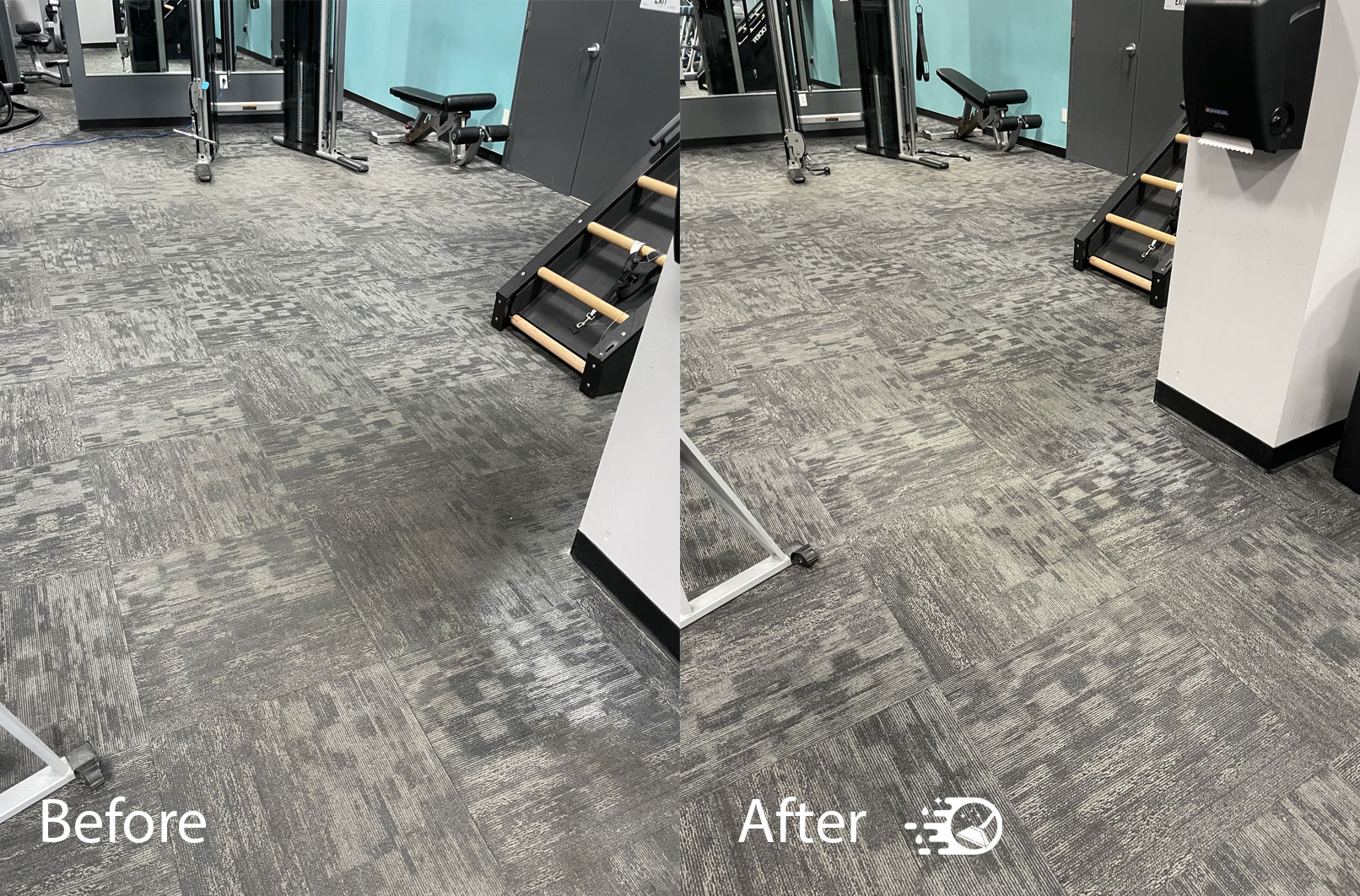 Before and after carpet cleaning at a Syracuse gym